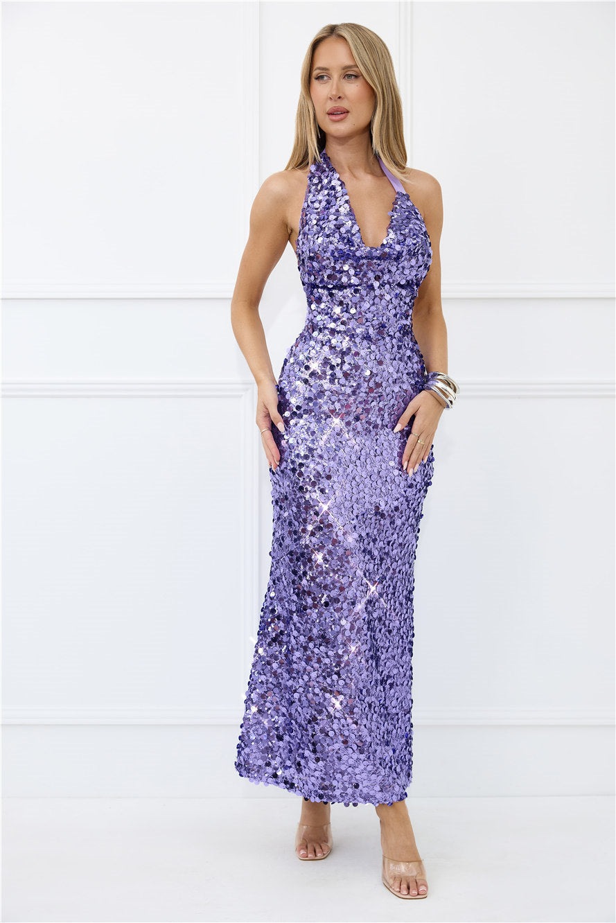 Shimmer Dreams Halter Sequin Maxi Dress Purple