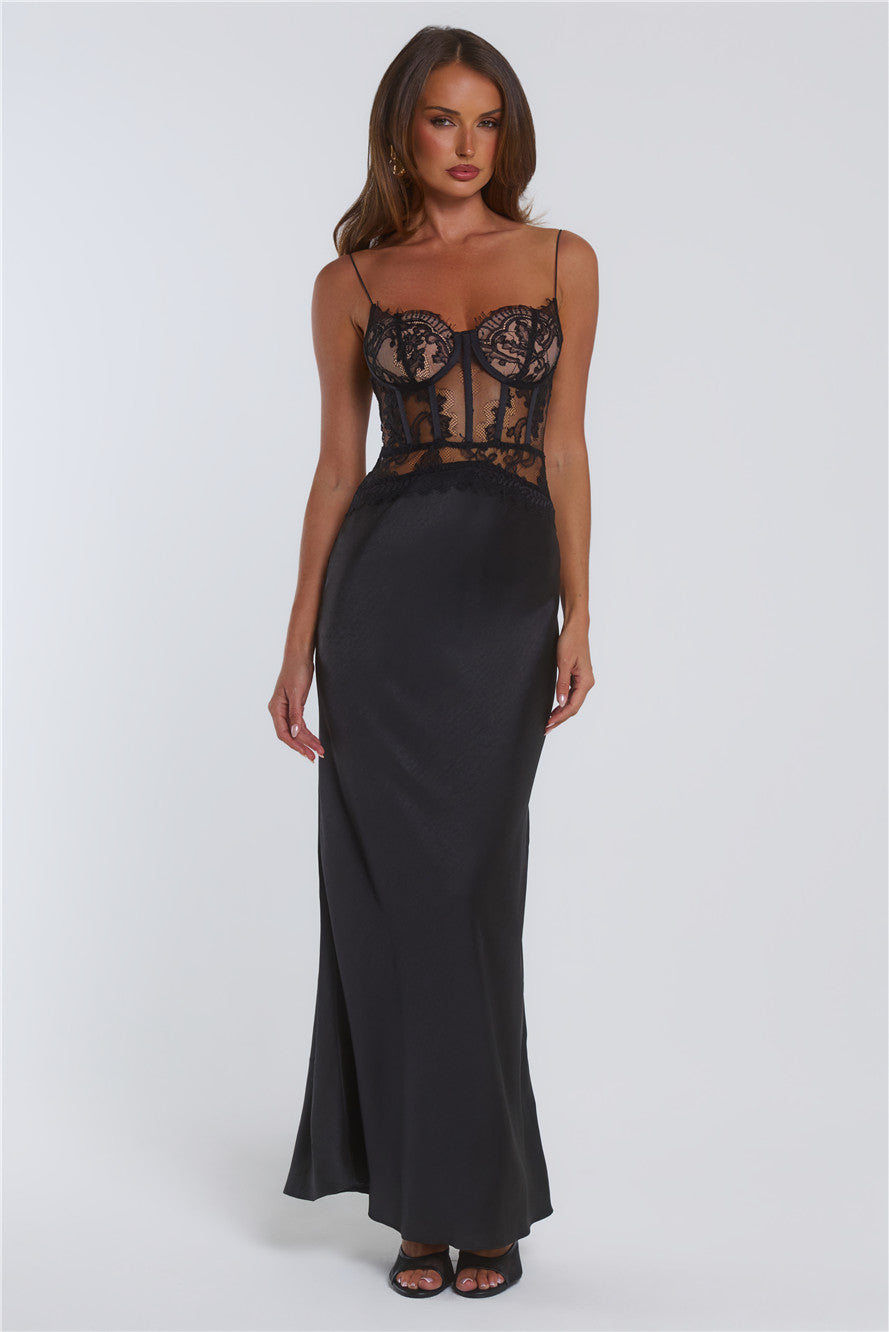 Live Chic Lace Satin Maxi Dress Black