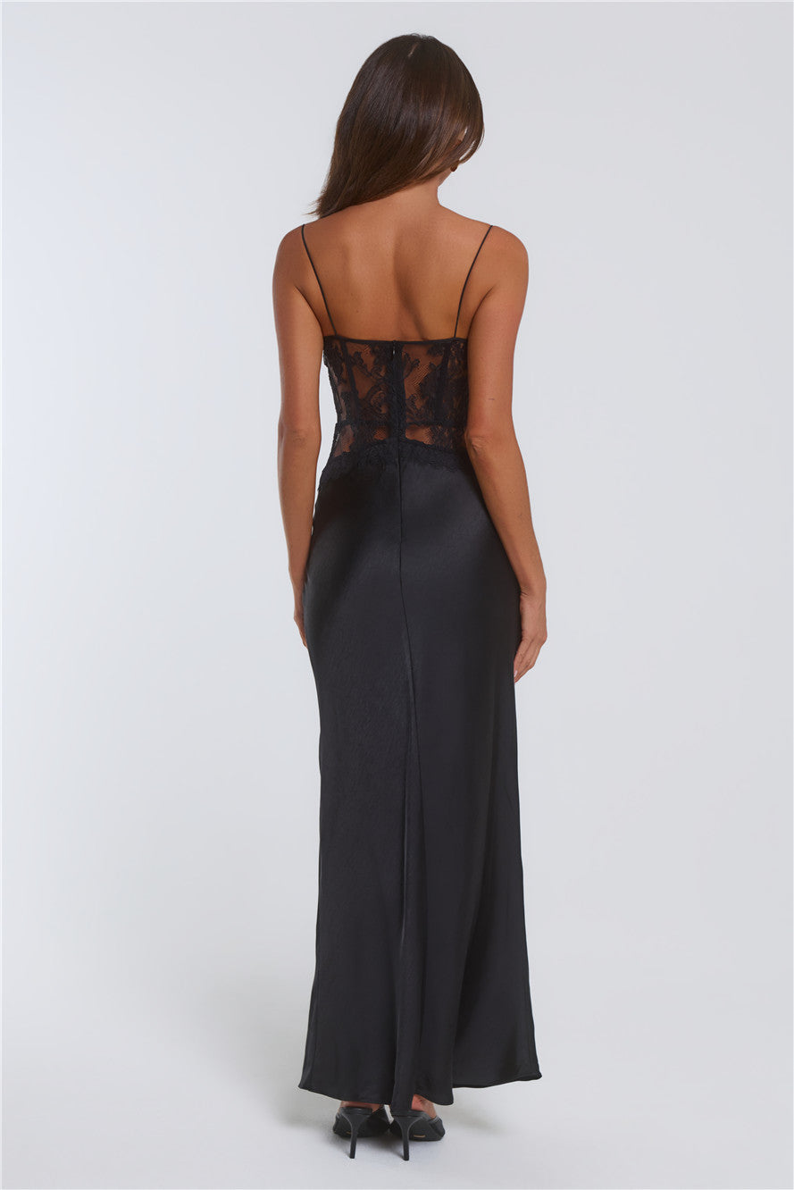 Live Chic Lace Satin Maxi Dress Black