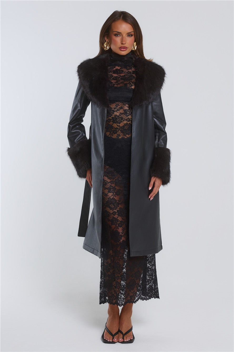 The Front Row Belted Faux Leather Fur Coat Black