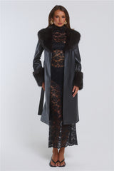 The Front Row Belted Faux Leather Fur Coat Black