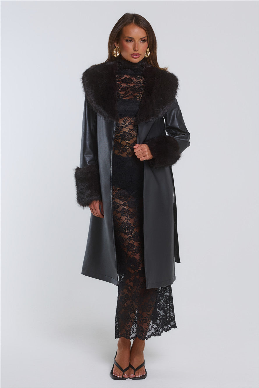 The Front Row Belted Faux Leather Fur Coat Black