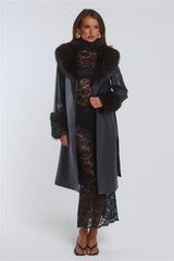 The Front Row Belted Faux Leather Fur Coat Black