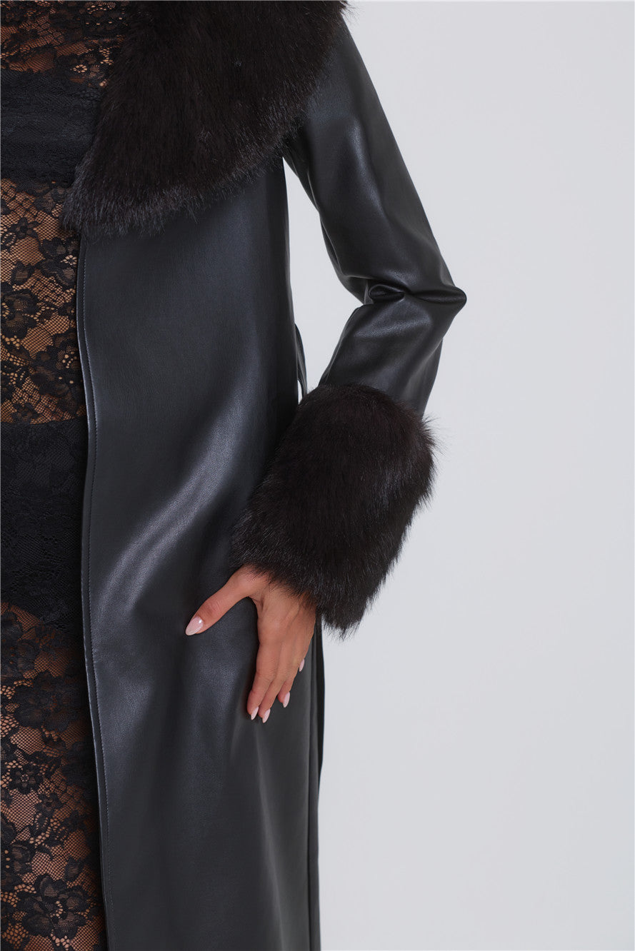The Front Row Belted Faux Leather Fur Coat Black