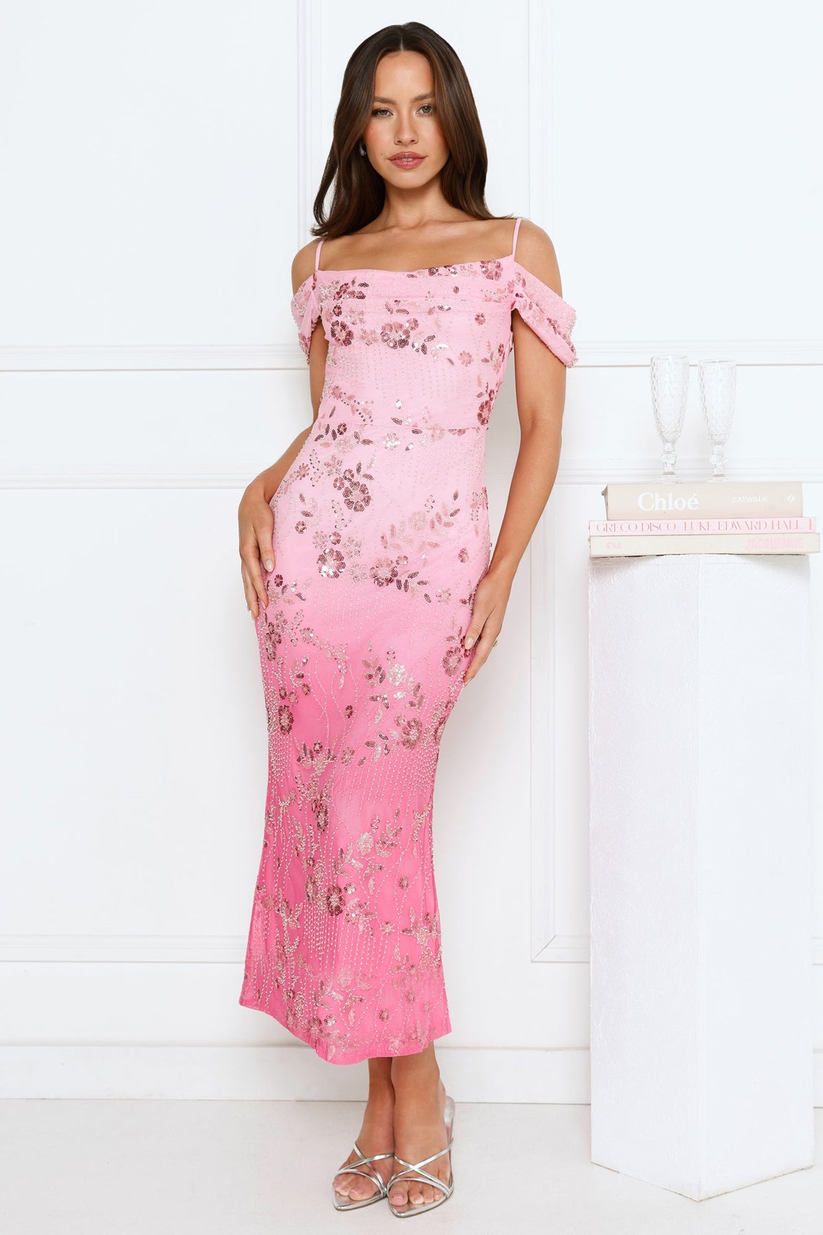 Champagne Sparkle Embellished Maxi Dress Pink