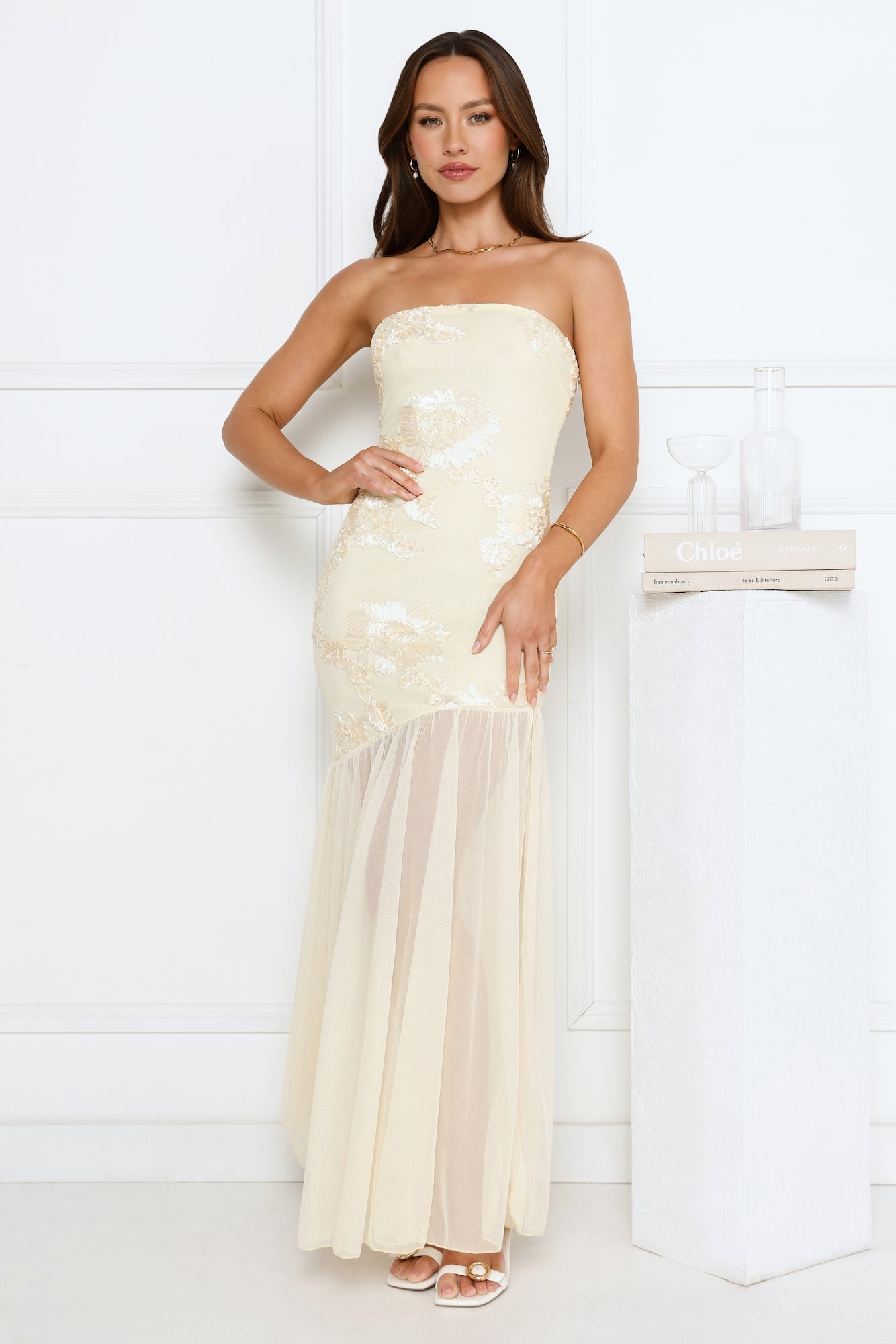 Rosé Mood Strapless Mesh Maxi Dress Yellow