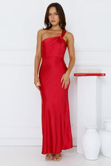 Graceful Elegance One Shoulder Satin Maxi Dress Red