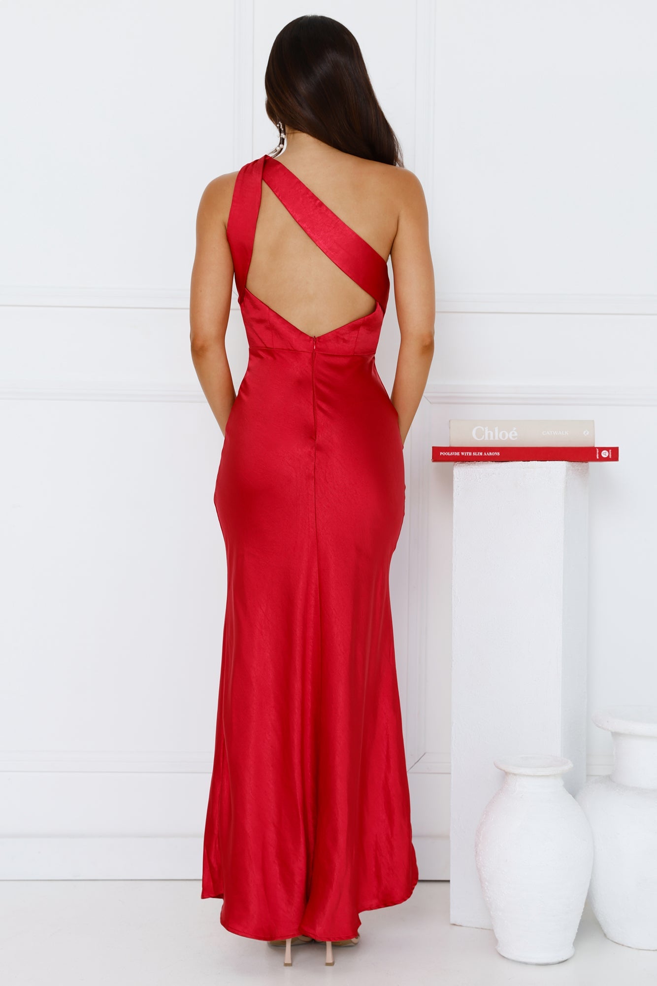 Graceful Elegance One Shoulder Satin Maxi Dress Red