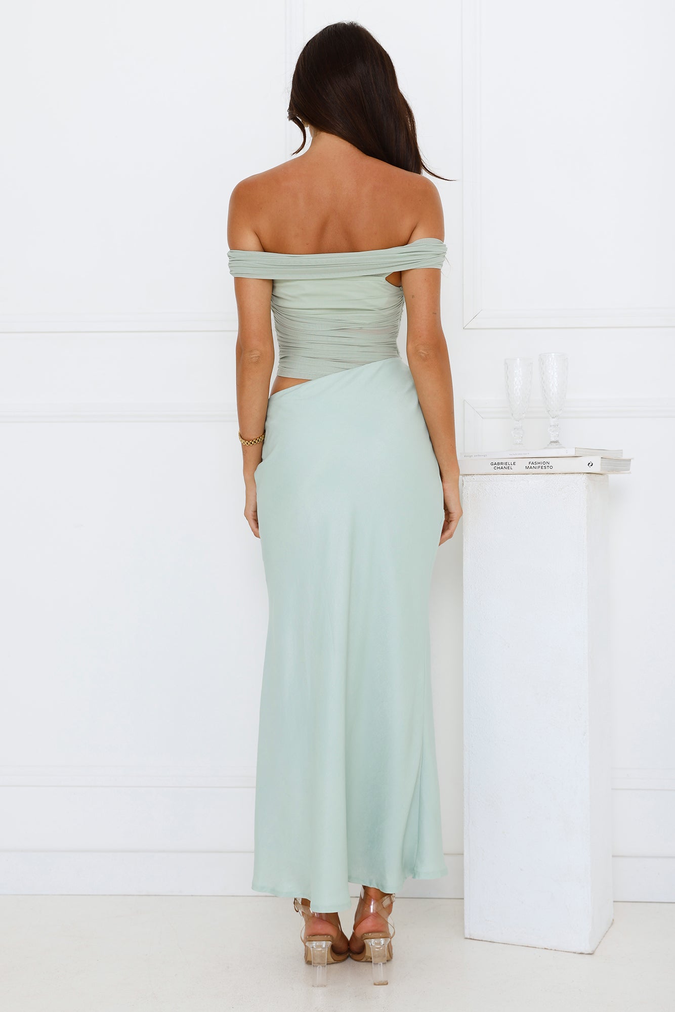 Velvet Sky Off Shoulder Mesh Maxi Dress Sage