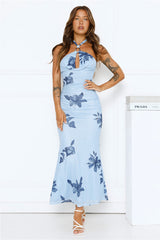 Petal Dusk Mesh Halter Maxi Dress Blue