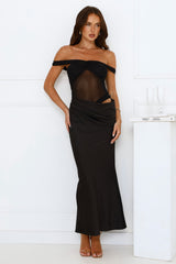 Silent Dreams Mesh Satin Off Shoulder Maxi Dress Black