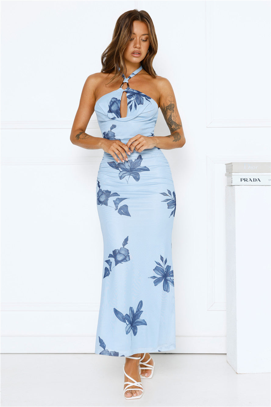 Petal Dusk Mesh Halter Maxi Dress Blue