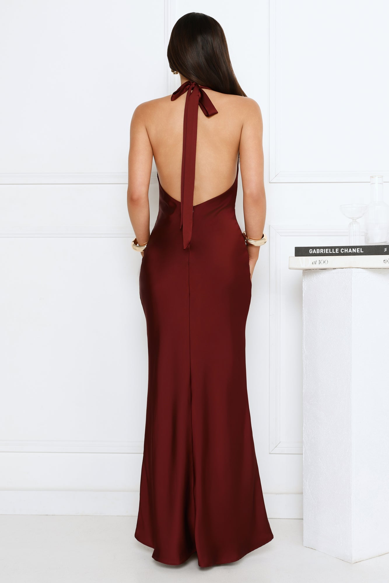Cherry Whirl Satin Halter Maxi Dress Burgundy