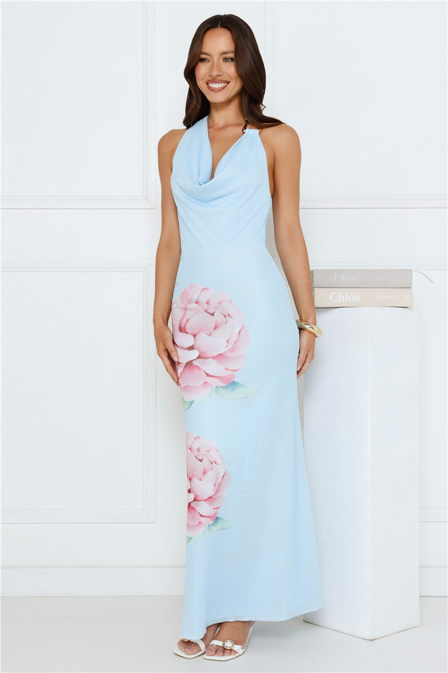 Daydream District Mesh Halter Maxi Dress Blue