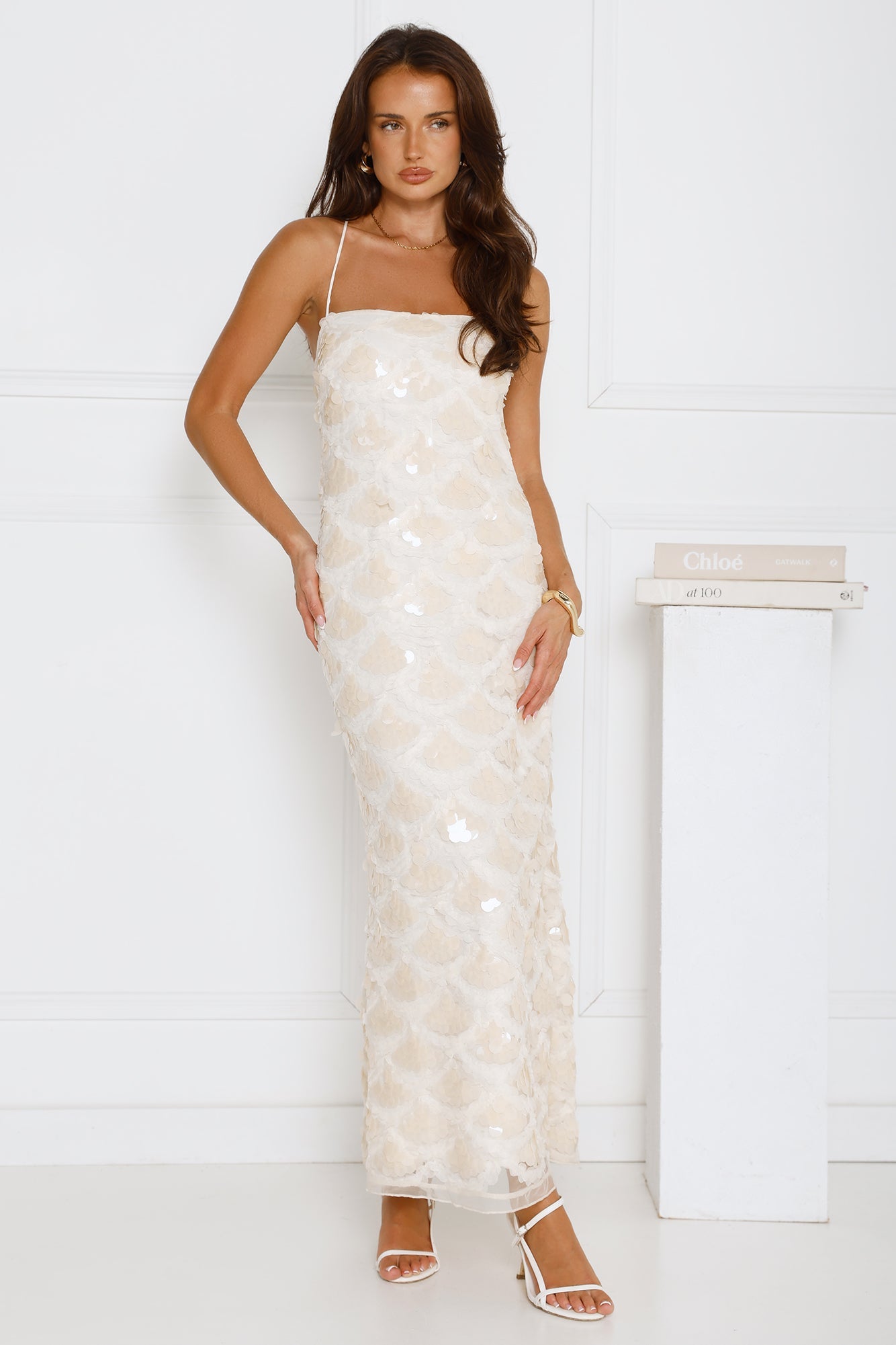 After Party Edit Halter Sequin Maxi Dress Cream