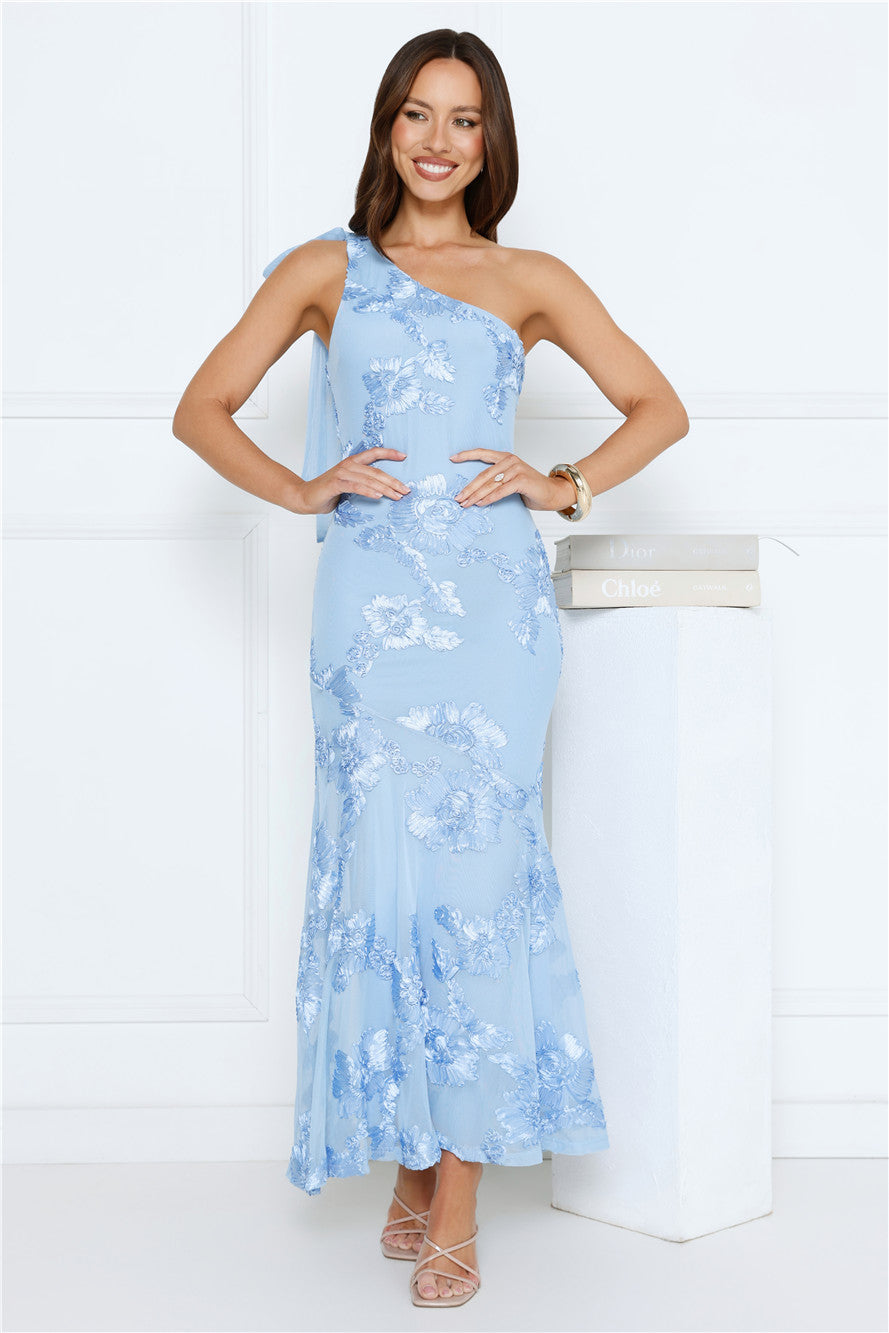 Glossy Girl One Shoulder Mesh Maxi Dress Blue