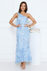 Glossy Girl One Shoulder Mesh Maxi Dress Blue