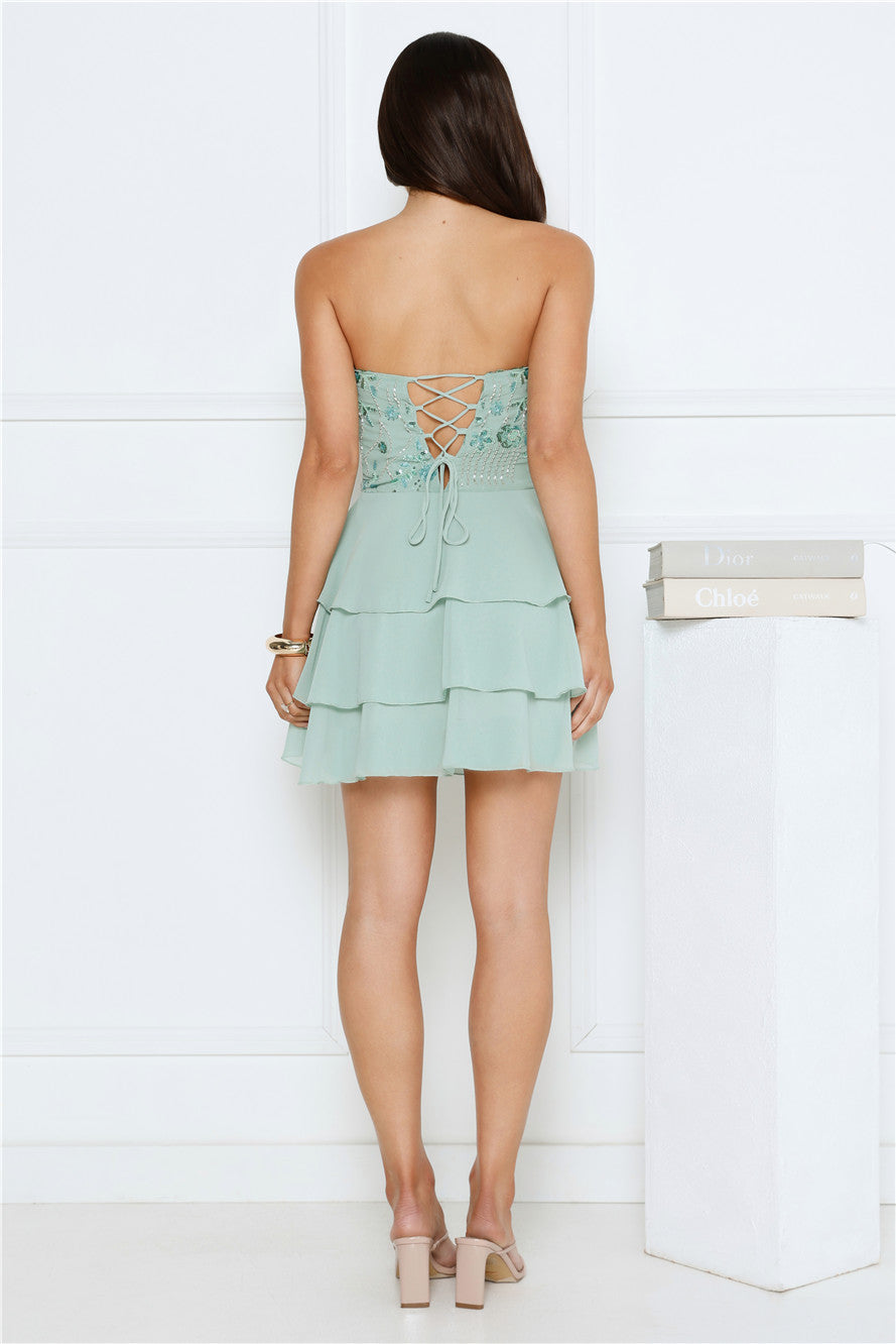 Glitter Grid Strapless Sequin Mini Dress Sage