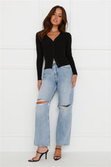 Buttoned Up Ribbed Long Sleeve Top Black