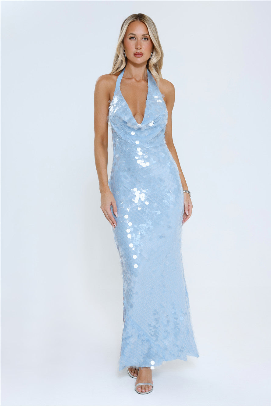 Oceanic Sequin Halter Maxi Dress Blue