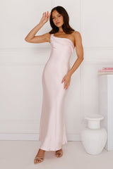 Romantic Tales Satin One Shoulder Maxi Dress Pink