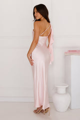 Romantic Tales Satin One Shoulder Maxi Dress Pink