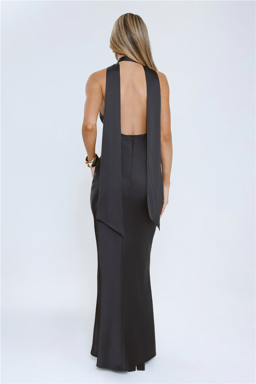 VIP Energy Satin Scarf Halter Maxi Dress Black