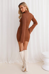Isla Ribbed Long Sleeve Mini Dress Brown