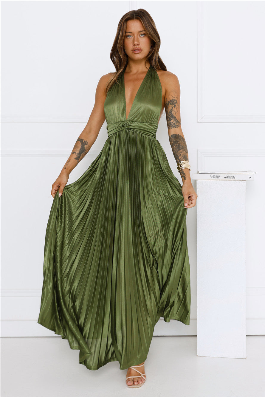 Shimmering Sea Pleated Halter Maxi Dress Olive