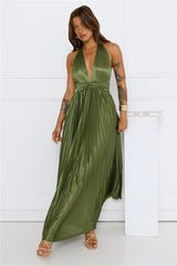 Shimmering Sea Pleated Halter Maxi Dress Olive