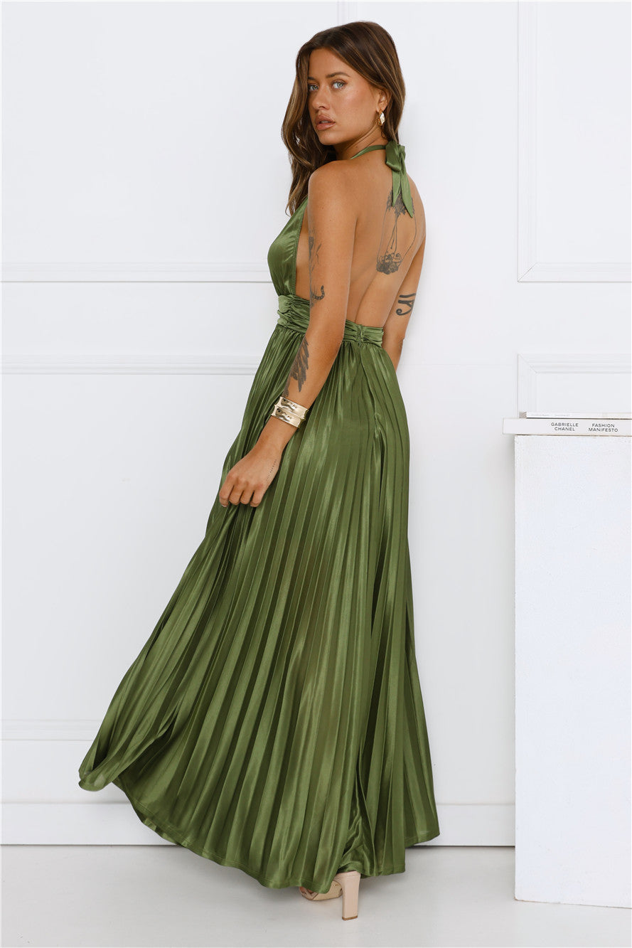 Shimmering Sea Pleated Halter Maxi Dress Olive