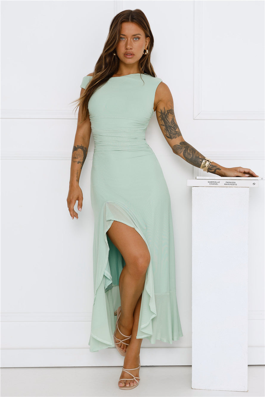 Effortless Girl Off Shoulder Mesh Midi Dress Sage