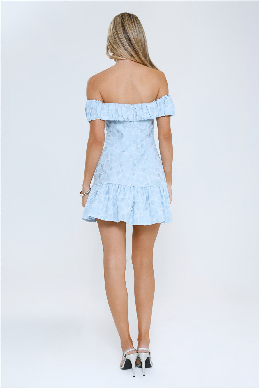 Bright Eyes Club Off Shoulder Mini Dress Blue
