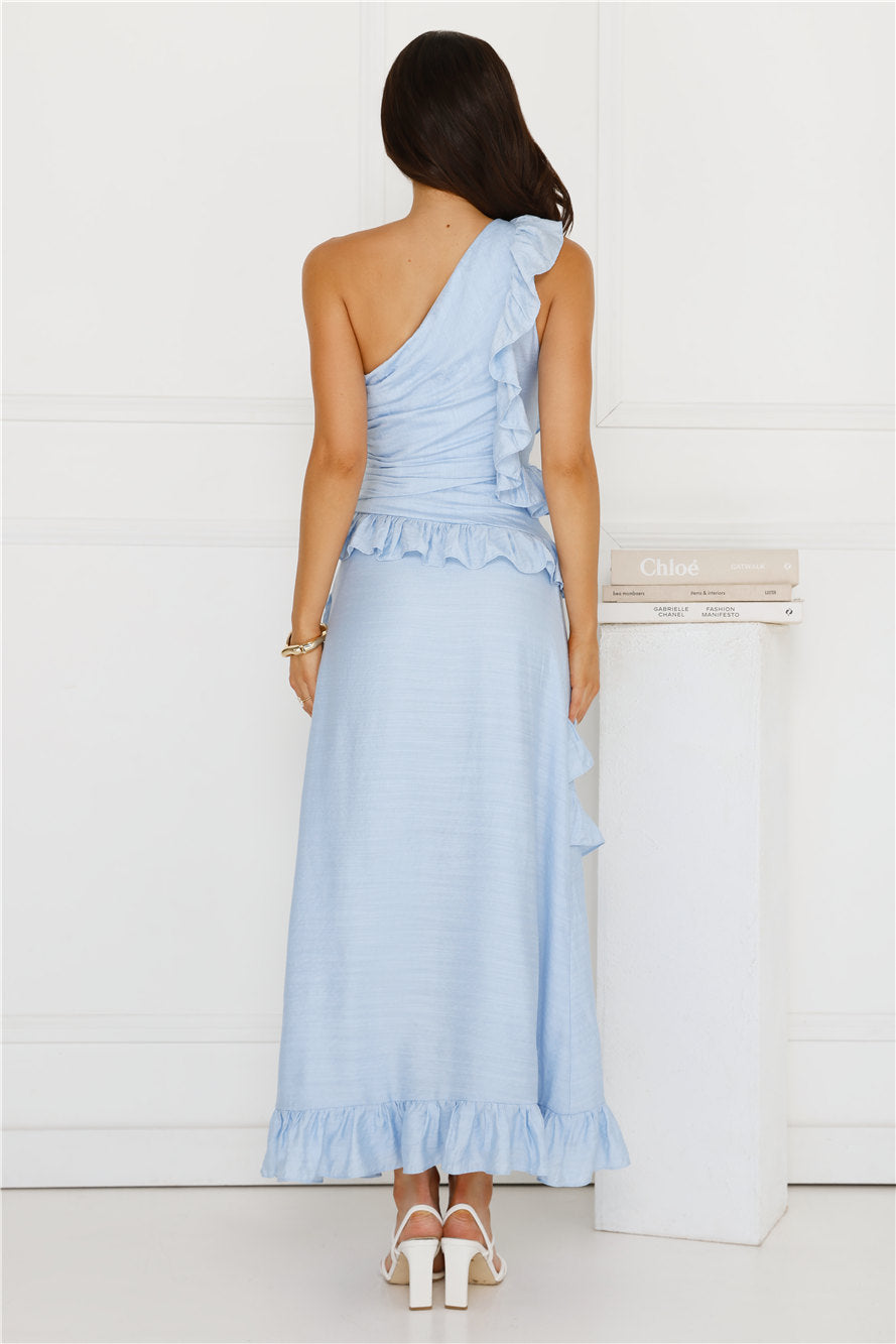 Moonlit Thoughts One Shoulder Maxi Dress Blue