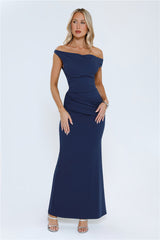 Caught In The Spotlight Off Shoulder Maxi Dress Navy