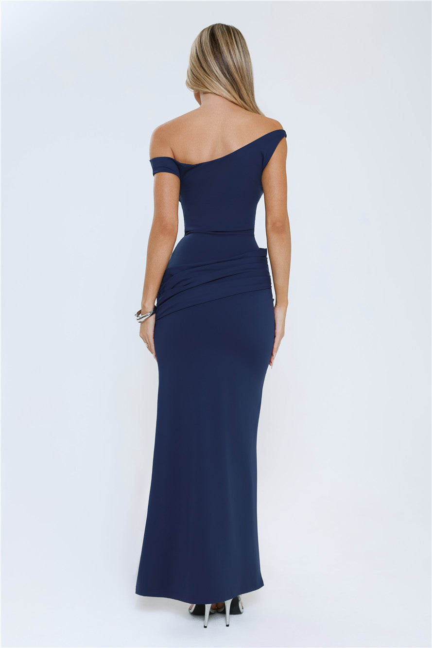 Caught In The Spotlight Off Shoulder Maxi Dress Navy