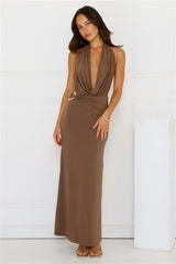 Silk Essence Halter Maxi Dress Brown