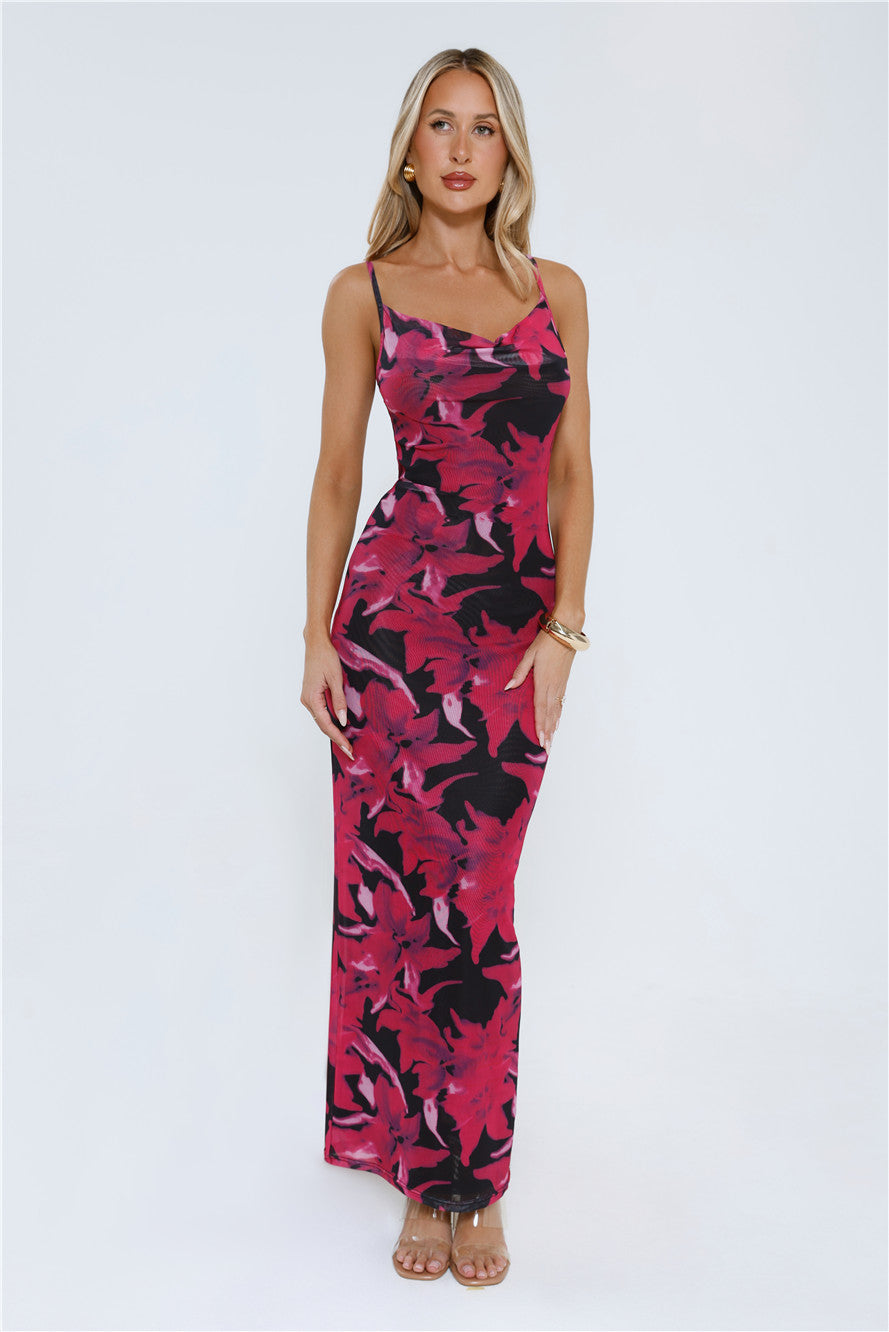 Flower Spark Mesh Maxi Dress Pink