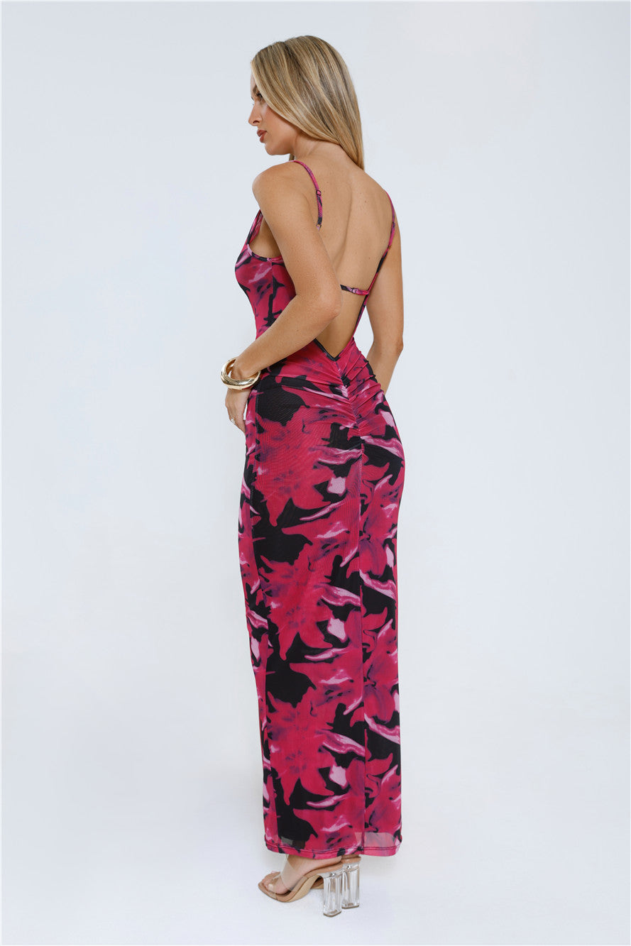 Flower Spark Mesh Maxi Dress Pink