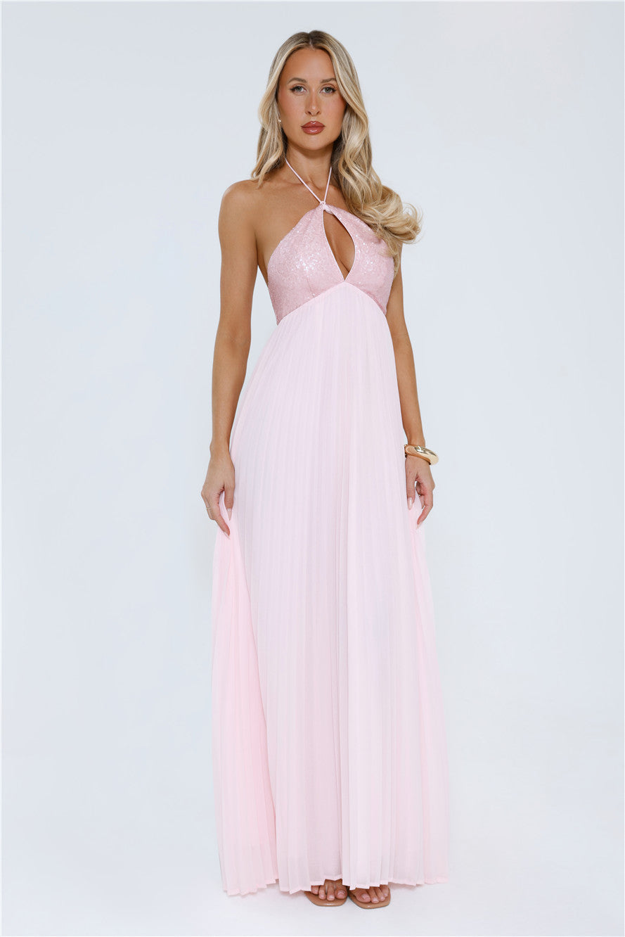 Starlit Ballroom Halter Sequin Maxi Dress Pink