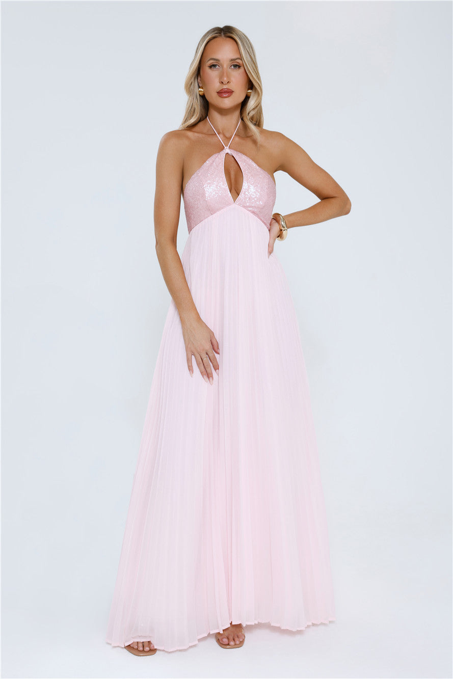 Starlit Ballroom Halter Sequin Maxi Dress Pink