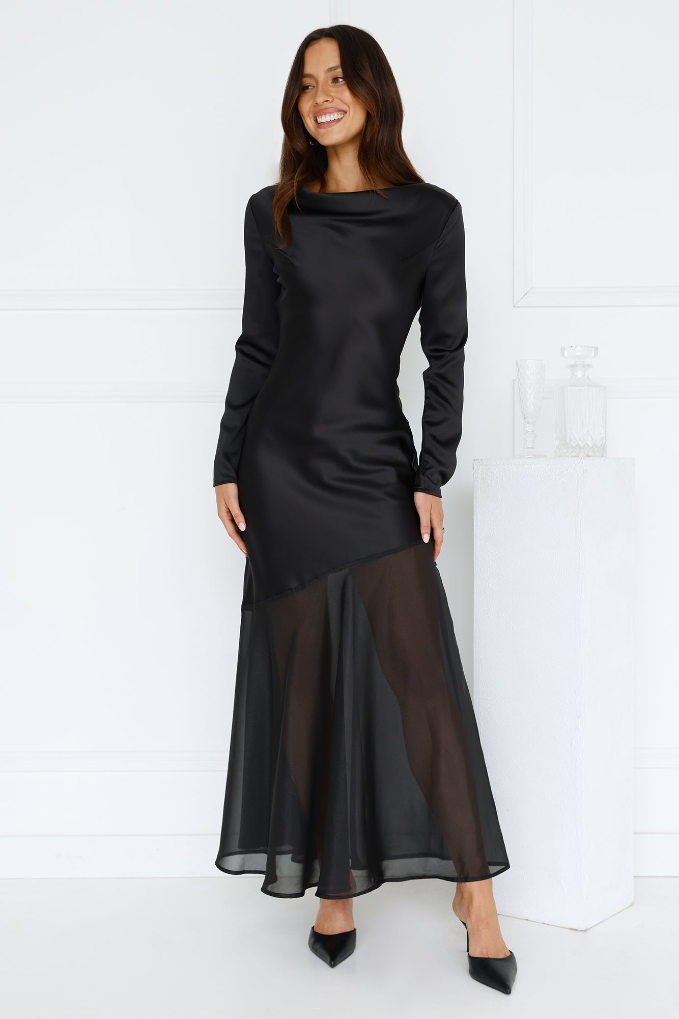 Exquisite Luxury Satin Long Sleeve Maxi Dress Black