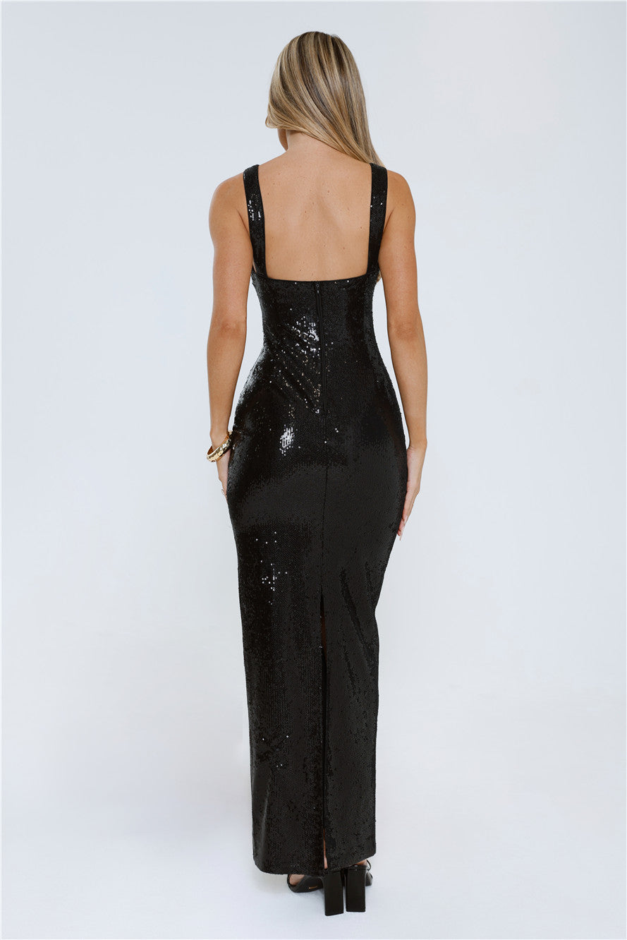 Shimmering Crown Sequin Maxi Dress Black