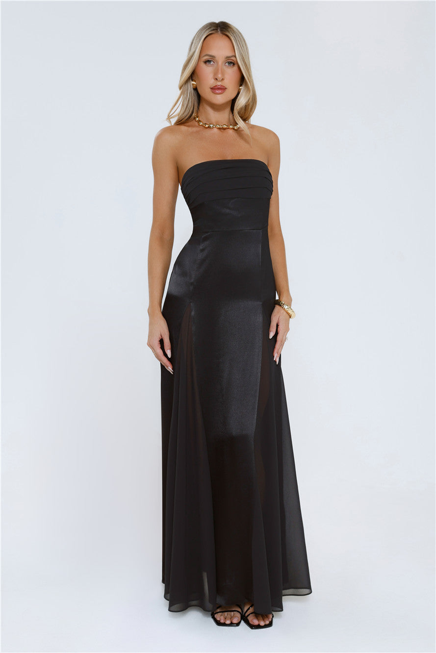 Statement Shine Strapless Satin Maxi Dress Black