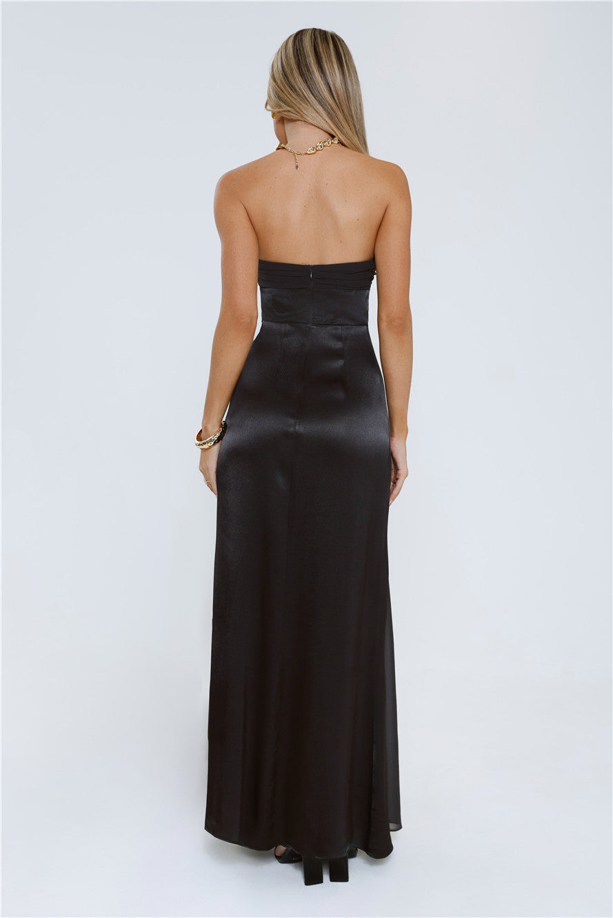 Statement Shine Strapless Satin Maxi Dress Black
