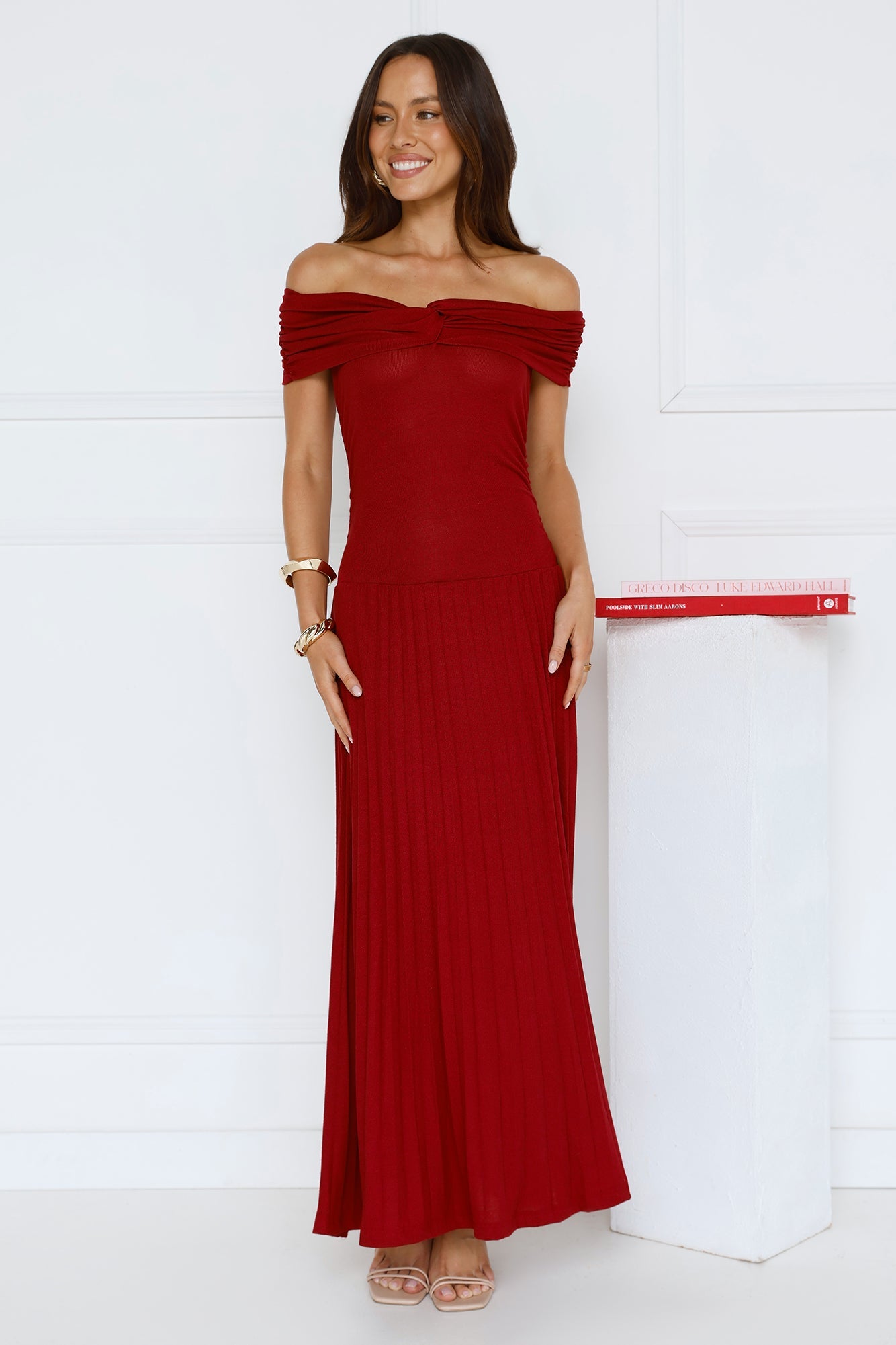 Nikita Off Shoulder Ribbed Maxi Dress Red