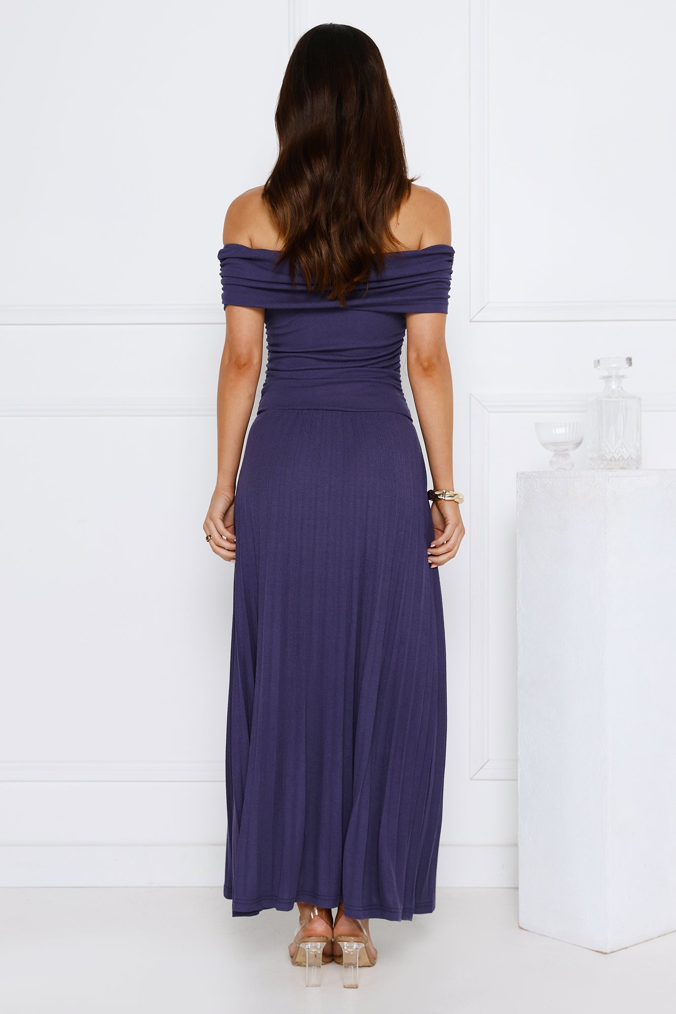 Nikita Off Shoulder Ribbed Maxi Dress Navy