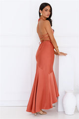 She Is Sublime Halter Satin Maxi Dress Brick