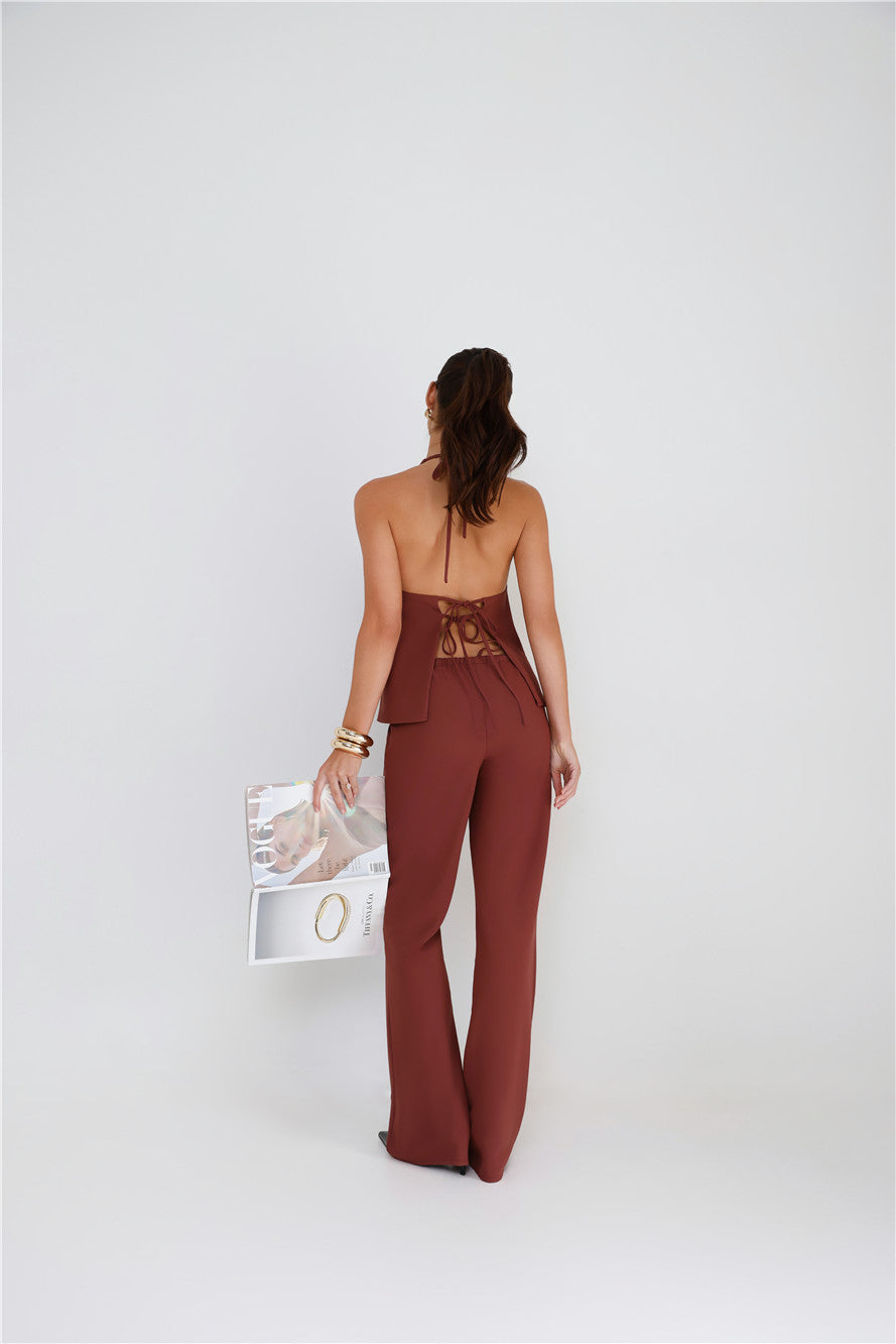 Refined Edge High Rise Straight Leg Tailored Pants Brown