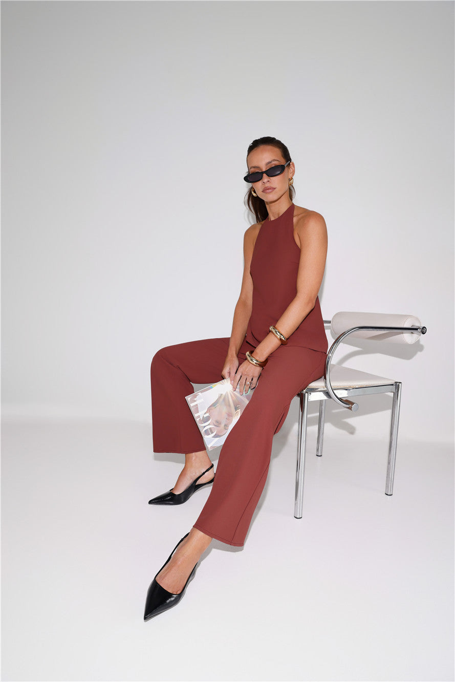 Refined Edge High Rise Straight Leg Tailored Pants Brown